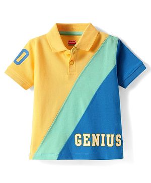 Babyhug Cotton Knit Half Sleeves Cut & Sew Polo T-Shirt with Genius Text Print - Yellow Blue