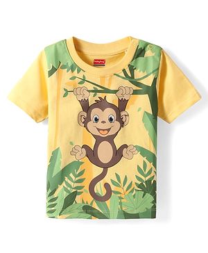 Babyhug Cotton Knit Half Sleeves T-Shirt with Monkey Print - Yellow
