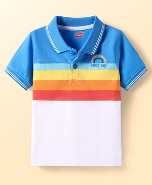Babyhug Cotton Knit Half Sleeves Cut & Sew Polo T-shirt with Text Embroidery & Stripes - Blue & White