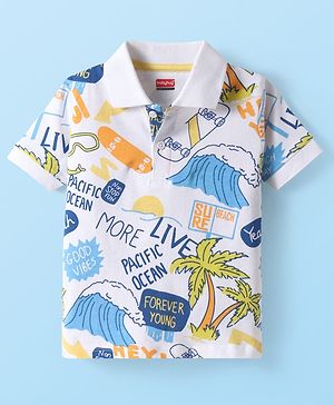Babyhug Cotton Knit Half Sleeves Polo T-Shirt With Beach Theme Print - White