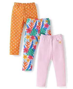 Babyhug Cotton Lycra Knit Full Length
                              Leggings with Stretch Polka Dots &
                              Floral Print Pack Of 3 - Pink &
                              Mustard