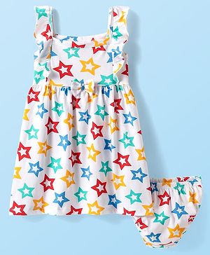 Babyhug Single Jersey Knit Sleeveless Frock With Star Print & Bloomer - White