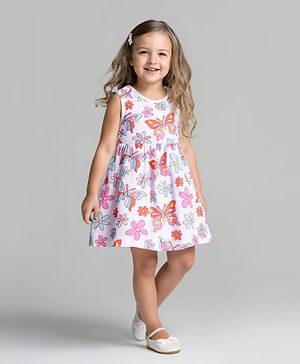 Bonfino 100% Cotton Knit Sleeveless Dress with Floral & Butterfly Print - Ivory
