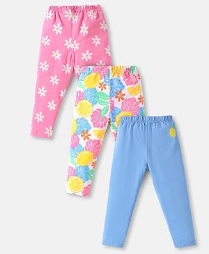 Babyhug Cotton Lycra Full Length Skinny Fit Leggings with Stretch Floral & Leafy Print Pack of 3 - Pink Blue & White