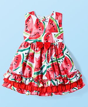 Babyhug Cotton Knit Sleeveless Frock with Frill Detailing & Tropical Print - Red