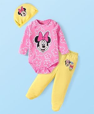 Babyhug Disney Interlock Knit Full Sleeves Onesies with Cap and Bootie Leggings Set with Minnie Mouse Graphics - Pink & Yellow