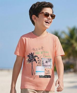 Pine Kids Cotton Knit Half Sleeves T-Shirt With Beach Theme Print - Peach