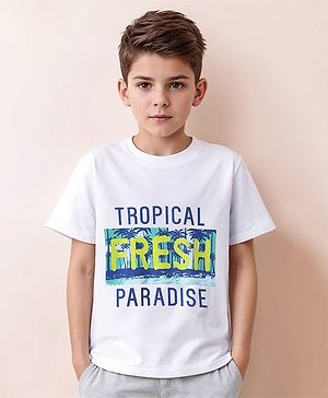 Pine Kids Cotton Knit Half Sleeves T-Shirt with Tropical Theme Print - White