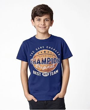 Pine Kids Cotton Knit Half Sleeves T-Shirt With The Game Changer Text Print - Navy Blue