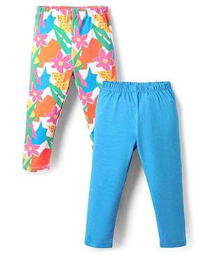 Babyhug Cotton Knit Full Length Leggings With Floral Print Pack Of 2 - Blue & White