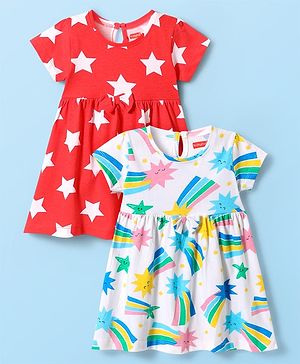 Babyhug Single Jersey Knit Half Sleeves Frocks with Stars Print & Bow Applique Pack of 2 - Red & White