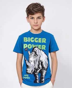 Pine Kids Cotton Knit Half Sleeves T-Shirt with Bigger Power Text Print - Blue
