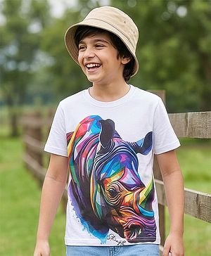 Pine Kids Cotton Knit Half Sleeves T-Shirt With Rhinoceros Print - White
