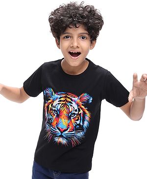 Pine Kids Cotton Knit Half Sleeves T-Shirt with Lion Print - Black