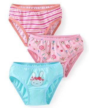 Babyhug 100% Cotton Knit Bunny & Floral Printed Panties Pack of 3 - Pink & Light Blue