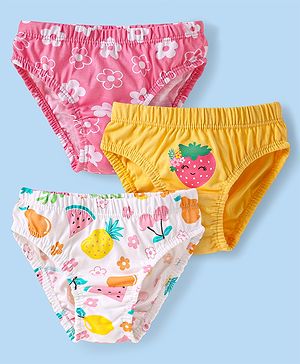 Babyhug 100% Cotton Knit Panties with Floral & Strawberry Print Pack of 3 - Pink Yellow & White