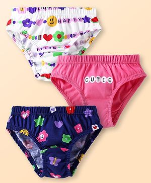 Babyhug 100% Cotton Knit Panties with Floral Print Pack of 3 - Pink Blue & White