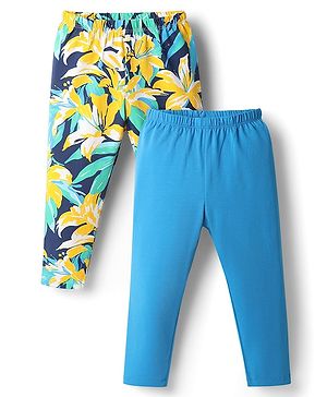 Babyhug Cotton Lycra Knit Full Length Leggings With Floral Print Pack Of 2 - Light Blue & Yellow