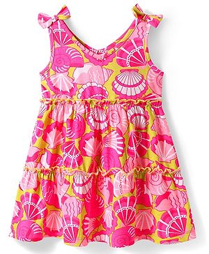 Babyhug Single Jersey Knit Sleeveless Frock With Seashells Print & Bow Applique - Yellow & Dark Pink