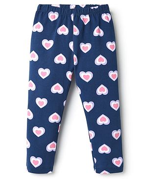 Babyhug Cotton Lycra Knit Full Length Leggings With Heart Print - Navy Blue