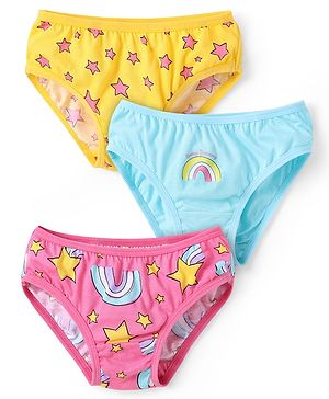 Babyhug 100% Cotton Single Jersey Knit Panties With Star & Rainbow Print Pack of 3 - Pink Light Blue & Yellow