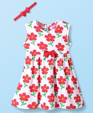 Babyhug Single Jersey Knit Sleeveless Floral Printed Frock with Headband & Bow Applique - White