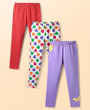 Babyhug Cotton Lycra Knit Full Length Leggings With Stretch & Polka Dots & Hearts Print Pack Of 3 - Multicolour