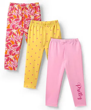 Babyhug Cotton Lycra Knit Full Length
                              Floral & Polka Dots Printed Leggings
                              With Stretch Pack Of 3 - Pink Yellow &
                              Red