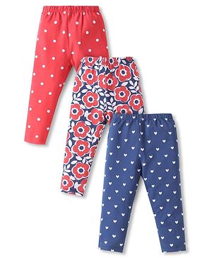 Babyhug Cotton Lycra Full Length Skinny Fit Leggings with Stretch Floral Heart & Polka Dot Print Pack of 3 - Navy & Red