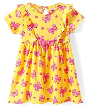 Babyhug Single Jersey Knit Half Sleeves Frock With Bow Print & Applique - Yellow