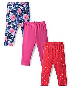 Babyhug Cotton Lycra Knit Full Length Leggings With Polka Dots & Floral Print Pack Of 3 - Red Dark Pink & Navy Blue