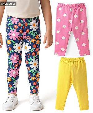 Babyhug Cotton Knit Full Length Leggings With Floral Print Pack Of 3 - Pink Navy Blue & Yellow