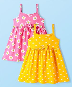 Babyhug Single Jersey Knit Singlet Sleeves Heart & Floral Printed Dresses With Bow Applique Pack of 2 - Yellow & Pink