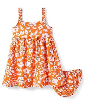 Babyhug Single Jersey Knit Sleeveless Frock With Bloomer with Floral Print & Bow Applique - Orange & White