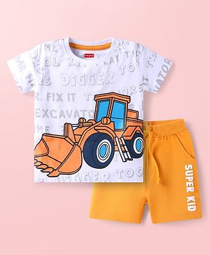 Babyhug Single Jersey Knit Half Sleeves T-Shirt & Shorts Set with JCB  Print -White & Yellow
