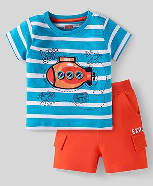 Babyhug Single Jersey Knit Half Sleeves T-Shirt & Shorts Set with Nautical Theme Print & Stripes - Light Blue & Orange