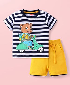 Babyhug Single Jersey Knit Half Sleeves T-Shirt & Shorts Bear Print - Yellow & Navy