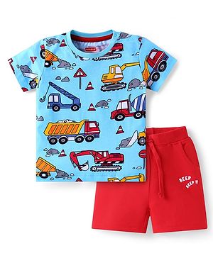 Babyhug Single Jersey Knit Half Sleeves T-Shirt & Shorts Set with Vehicle Print - Red & Blue