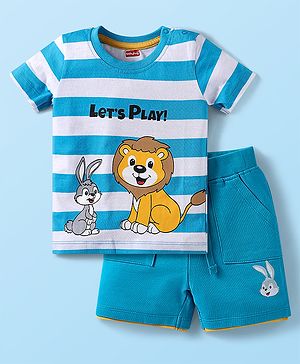 Babyhug Single Jersey Knit Half Sleeves T-Shirt & Shorts Set with Animal Print & Stripes - Light Blue