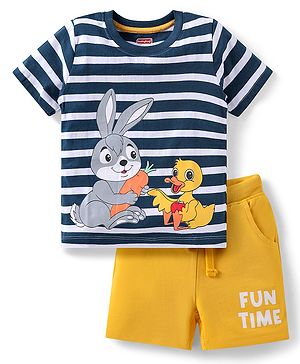 Babyhug Single Jersey Knit Half Sleeves Striped Shirts & Shorts Set With Bunny Print -  Blue & Yellow