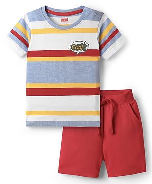 Babyhug Single Jersey Knit Half Sleeves Striped T-Shirt & Shorts Set With Cool Print - Multicolor