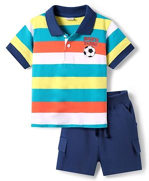 Babyhug Single Jersey Knit Half Sleeves Striped Polo T-Shirt & Shorts Set with Text Print - Navy Blue