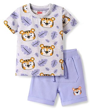 Babyhug Single Jersey Knit Half Sleeves Tiger Printed T-Shirt & Shorts Set - Lavender
