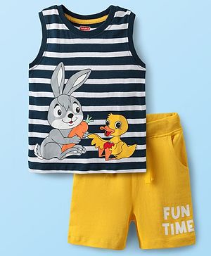 Babyhug Single Jersey Knit Half Sleeveless Tank T-Shirt & Shorts Set with Stripes & Bunny Print - Yellow White & Navy Blue