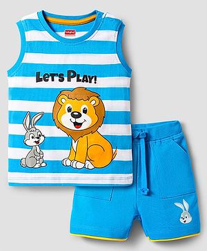 Babyhug Single Jersey Knit Sleeveless Tank Striped T-Shirt & Shorts Set with Animal Print - Light Blue