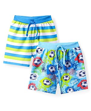 Babyhug Cotton Knit Mid Thigh Length Shorts with Sports Theme Print & Stripes Pack of 2 - Light Green & Blue