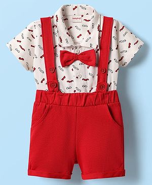 Babyhug Single Jersey Knit Half Sleeves Printed Shirt & Shorts Set With Bow Applique - White & Red