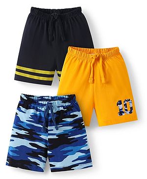 Babyhug Cotton Knit Mid Thigh Length Shorts with Camouflage Print & Stripes Pack of 3 - Yellow Black & Blue