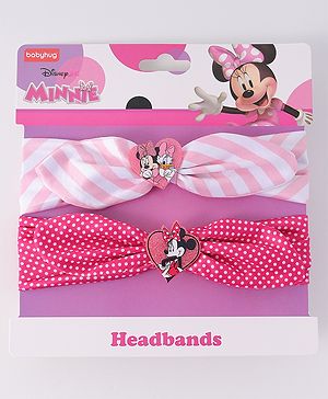 Babyhug Disney Free Size Headbands With Minnie Mouse Bow Applique Polka Dots & Striped Prints Pack of 2 - Fuchsia & Pink