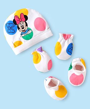 Babyhug Disney Interlock Knit Cap Mittens & Booties Set with Minnie Mouse Graphics White - Diameter 10 cm